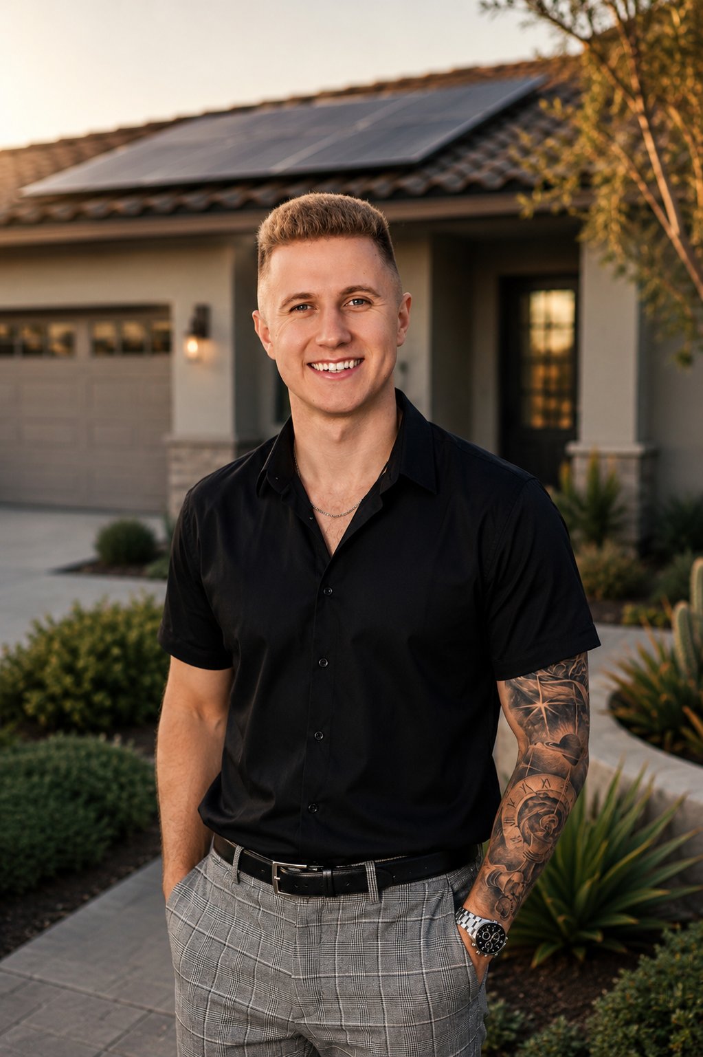 Conner Leeb standing in front of a Southern California home with rooftop solar panels