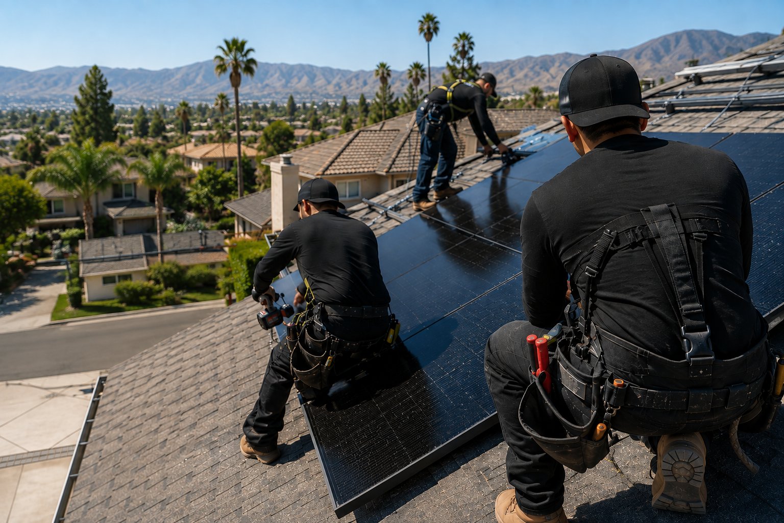 Current Home installers working on a residential rooftop solar installation in Southern California